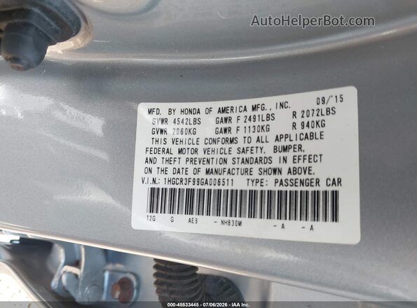 1HGCR3F99GA006511 2016 HONDA ACCORD Серебряный Вид подкапотного пространства