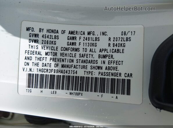 1HGCR3F99HA043754 2017 HONDA ACCORD White ძრავის განყოფილების ხედი