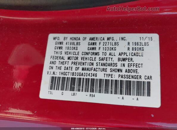 1HGCT1B30GA004346 2016 HONDA ACCORD Red Engine compartment view
