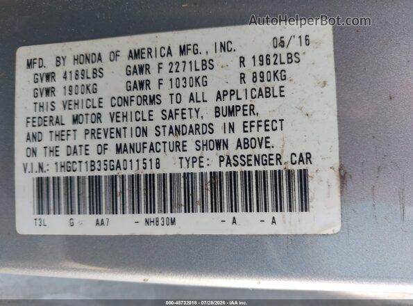 1HGCT1B35GA011518 2016 HONDA ACCORD Silver Вид підкапотного простору