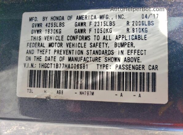1HGCT1B77HA006681 2017 HONDA ACCORD Gray Widok komory silnika