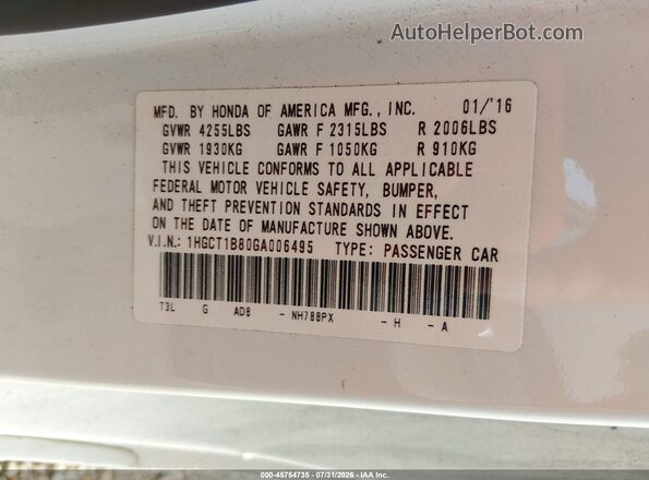 1HGCT1B80GA006495 2016 HONDA ACCORD White Engine compartment view