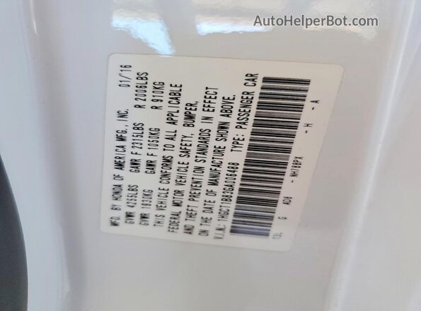 1HGCT1B83GA006488 2016 HONDA ACCORD White Widok komory silnika