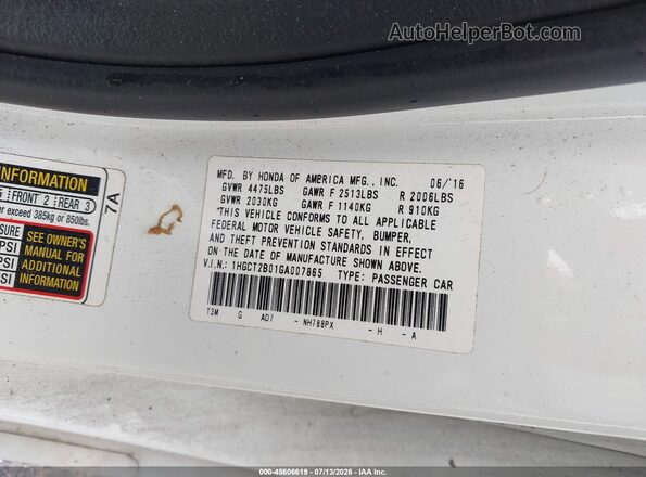 1HGCT2B01GA007865 2016 HONDA ACCORD White Widok komory silnika