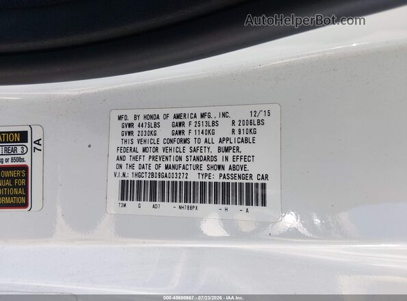 1HGCT2B09GA003272 2016 HONDA ACCORD White Շարժիչի բաժամունքի տեսք