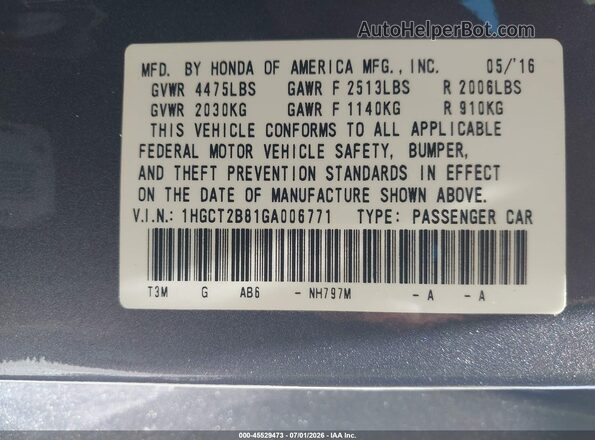 1HGCT2B81GA006771 2016 HONDA ACCORD Gray ძრავის განყოფილების ხედი