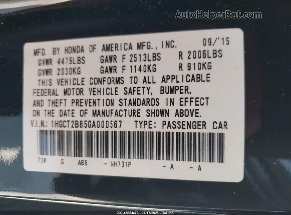 1HGCT2B85GA000567 2016 HONDA ACCORD Black Вид підкапотного простору