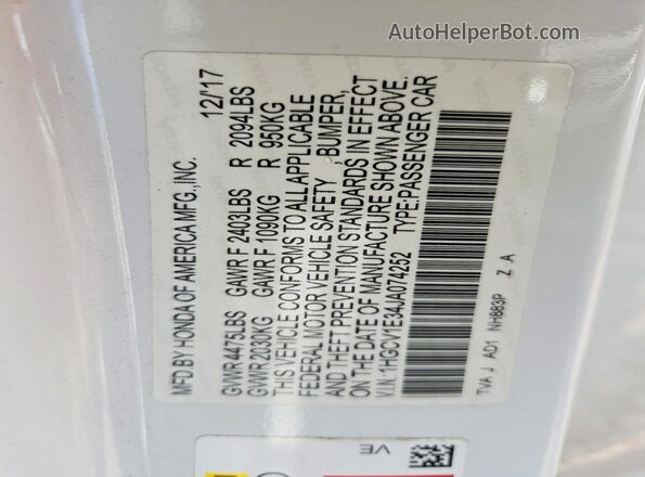 1HGCV1E34JA074252 2018 HONDA ACCORD White VIN կոդի պիտակի տեսք