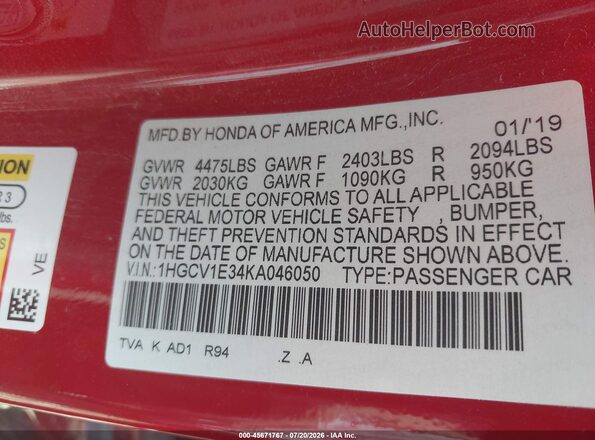 1HGCV1E34KA046050 2019 HONDA ACCORD Red Vista del compartimento del motor