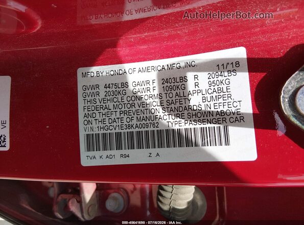 1HGCV1E38KA009762 2019 HONDA ACCORD Красный Вид подкапотного пространства