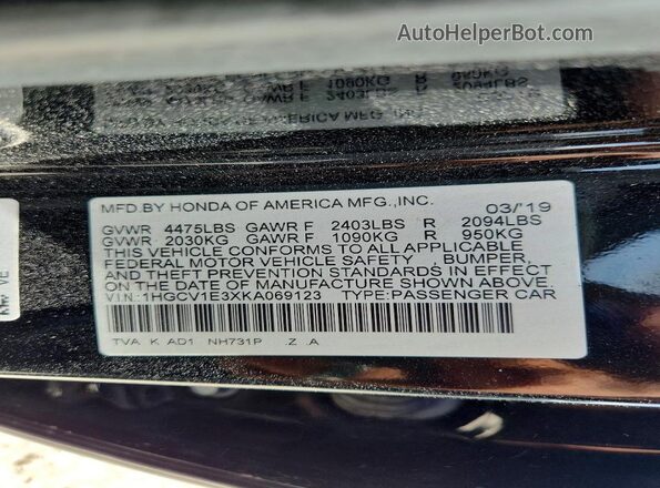 1HGCV1E3XKA069123 2019 HONDA ACCORD Black VIN sticker view