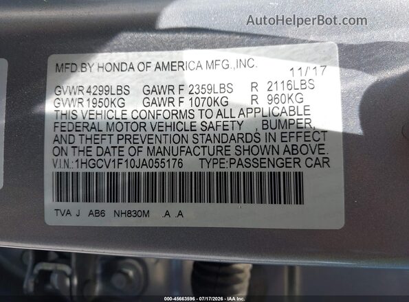 1HGCV1F10JA055176 2018 HONDA ACCORD Серебряный Вид подкапотного пространства