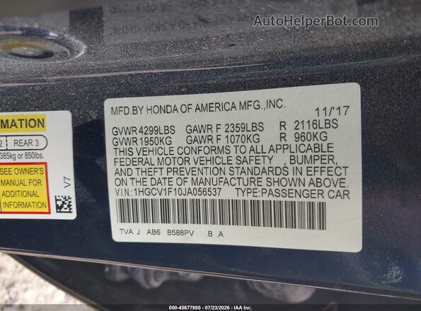 1HGCV1F10JA056537 2018 HONDA ACCORD Blue Engine compartment view