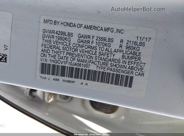 1HGCV1F10JA061057 2018 HONDA ACCORD White ძრავის განყოფილების ხედი