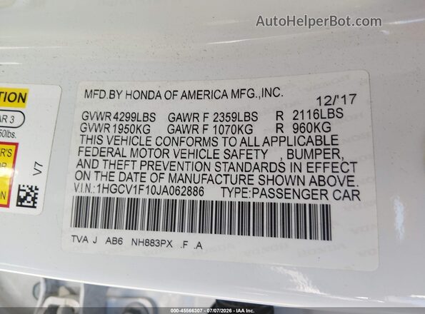 1HGCV1F10JA062886 2018 HONDA ACCORD White Շարժիչի բաժամունքի տեսք