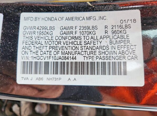 1HGCV1F10JA084144 2018 HONDA ACCORD Black ძრავის განყოფილების ხედი