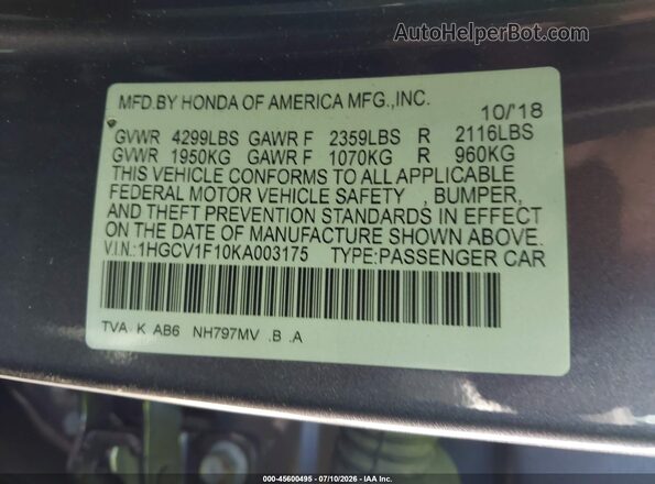 1HGCV1F10KA003175 2019 HONDA ACCORD Gray Շարժիչի բաժամունքի տեսք