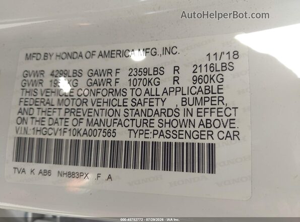 1HGCV1F10KA007565 2019 HONDA ACCORD White Vista del compartimento del motor