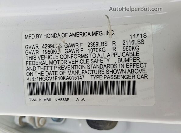 1HGCV1F10KA015147 2019 HONDA ACCORD White VIN sticker view