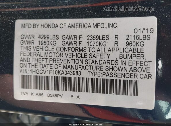 1HGCV1F10KA043983 2019 HONDA ACCORD Blue Շարժիչի բաժամունքի տեսք