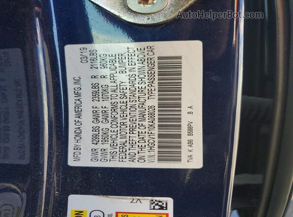 1HGCV1F10KA068026 2019 HONDA ACCORD Blue Շարժիչի բաժամունքի տեսք