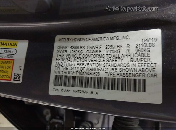1HGCV1F10KA080628 2019 HONDA ACCORD Серый Вид подкапотного пространства
