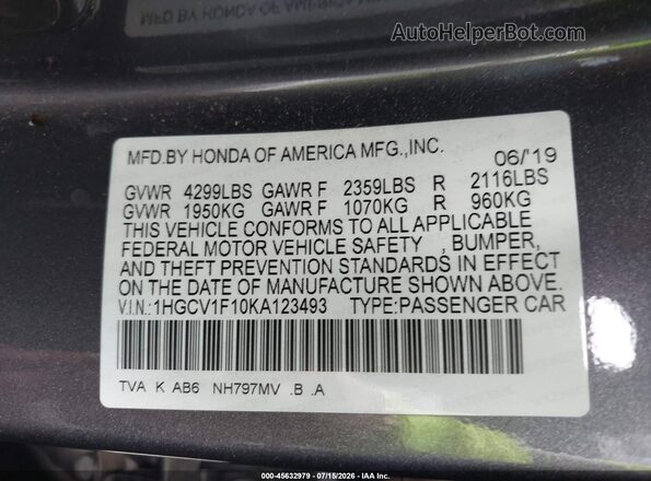 1HGCV1F10KA123493 2019 HONDA ACCORD Gray Engine compartment view