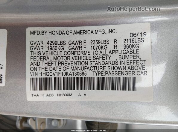 1HGCV1F10KA130685 2019 HONDA ACCORD Silver ძრავის განყოფილების ხედი