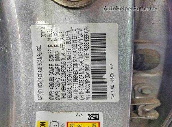 1HGCV1F10KA139158 2019 HONDA ACCORD Silver Вид підкапотного простору