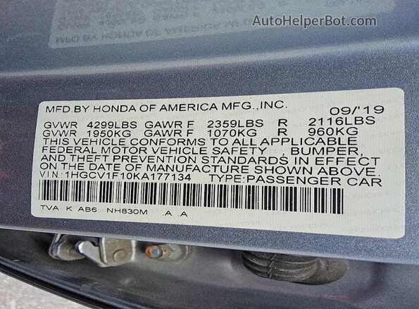 1HGCV1F10KA177134 2019 HONDA ACCORD Silver Вид підкапотного простору