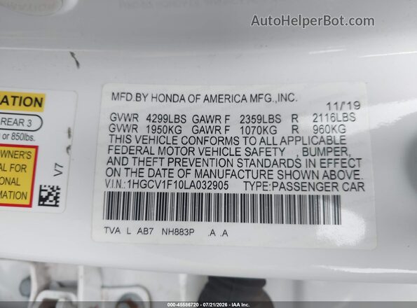 1HGCV1F10LA032905 2020 HONDA ACCORD White Շարժիչի բաժամունքի տեսք