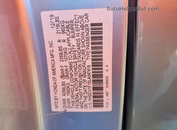 1HGCV1F10LA047419 2020 HONDA ACCORD Silver VIN კოდის სტიკერის ხედი