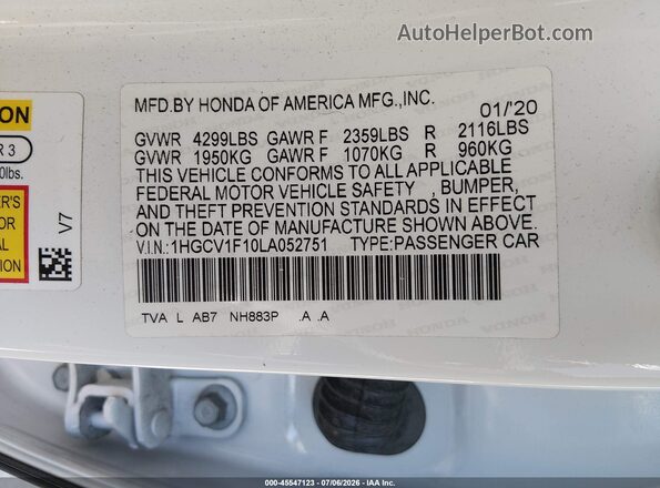 1HGCV1F10LA052751 2020 HONDA ACCORD White Widok komory silnika