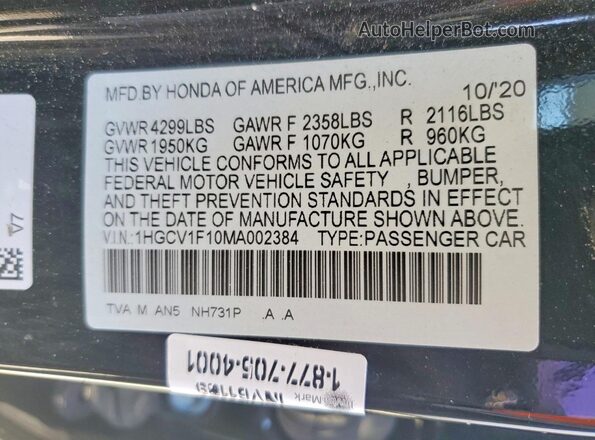 1HGCV1F10MA002384 2021 HONDA ACCORD Black Widok naklejki z numerem VIN