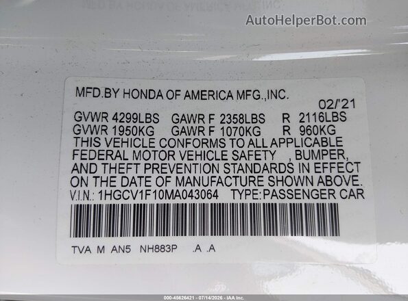 1HGCV1F10MA043064 2021 HONDA ACCORD White Vista del compartimento del motor
