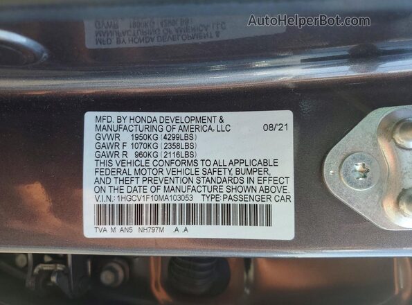 1HGCV1F10MA103053 2021 HONDA ACCORD Gray VIN sticker view