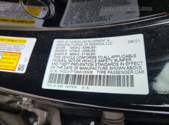 1HGCV1F10MA106938 2021 HONDA ACCORD Black Widok komory silnika