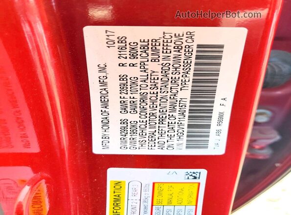 1HGCV1F11JA015771 2018 HONDA ACCORD Red ძრავის განყოფილების ხედი