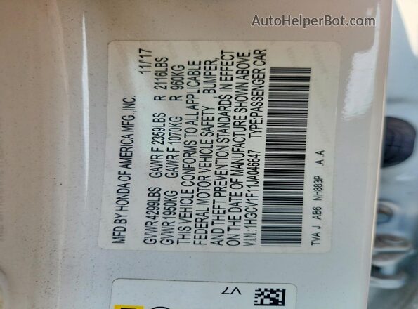 1HGCV1F11JA046647 2018 HONDA ACCORD White Շարժիչի բաժամունքի տեսք