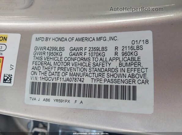 1HGCV1F11JA078742 2018 HONDA ACCORD Gold Շարժիչի բաժամունքի տեսք