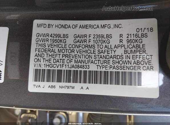 1HGCV1F11JA084833 2018 HONDA ACCORD Gray Вид підкапотного простору