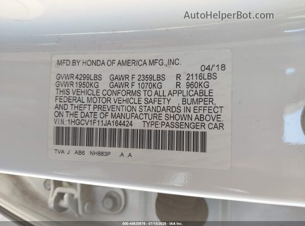 1HGCV1F11JA164424 2018 HONDA ACCORD Белый Вид подкапотного пространства