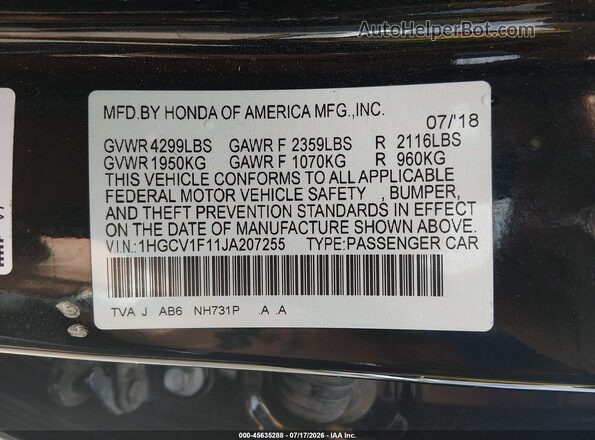 1HGCV1F11JA207255 2018 HONDA ACCORD Черный Вид подкапотного пространства