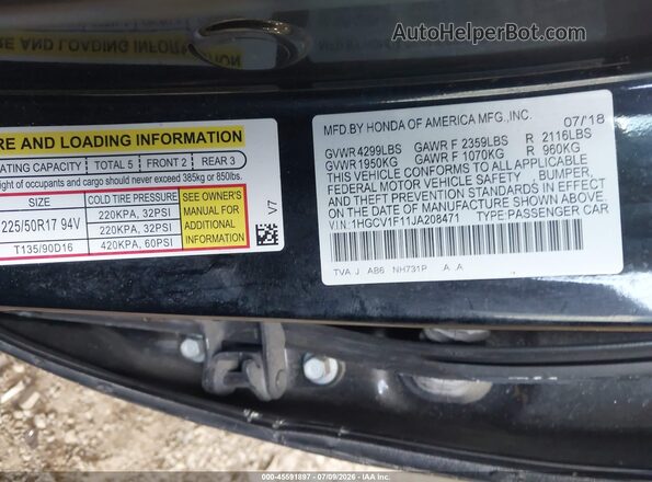 1HGCV1F11JA208471 2018 HONDA ACCORD Black Vista del compartimento del motor