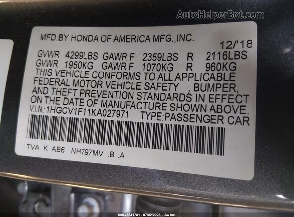 1HGCV1F11KA027971 2019 HONDA ACCORD Gray Vista del compartimento del motor