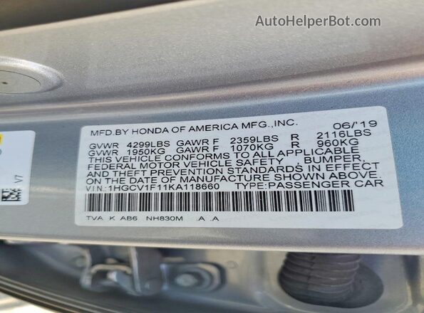 1HGCV1F11KA118660 2019 HONDA ACCORD Silver ძრავის განყოფილების ხედი