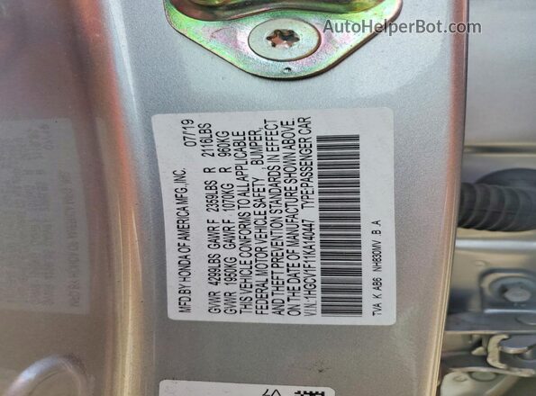 1HGCV1F11KA140447 2019 HONDA ACCORD Silver Widok komory silnika