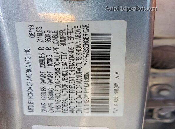 1HGCV1F11KA158057 2019 HONDA ACCORD Gray Շարժիչի բաժամունքի տեսք