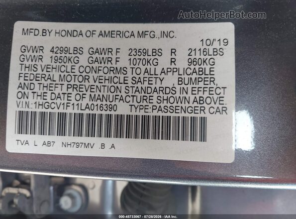 1HGCV1F11LA016390 2020 HONDA ACCORD Gray Vista de los asientos traseros
