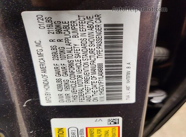 1HGCV1F11LA049888 2020 HONDA ACCORD Угольный Вид наклейки с VIN-кодом